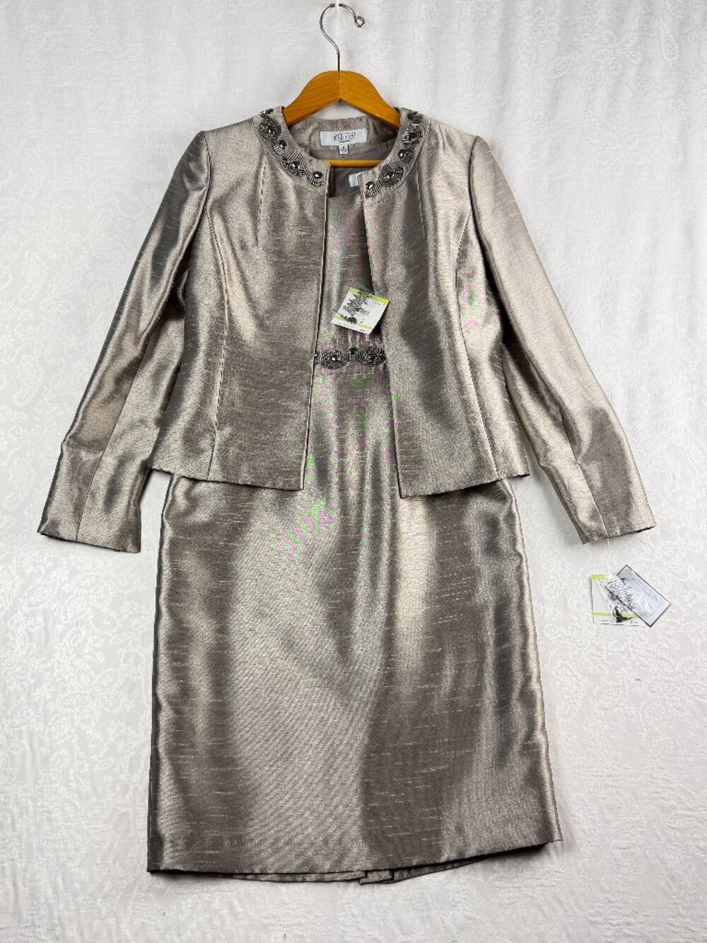 Kasper Women’s 4 Metallic Silver Dress Suit Set Embellished Jacket Old Money